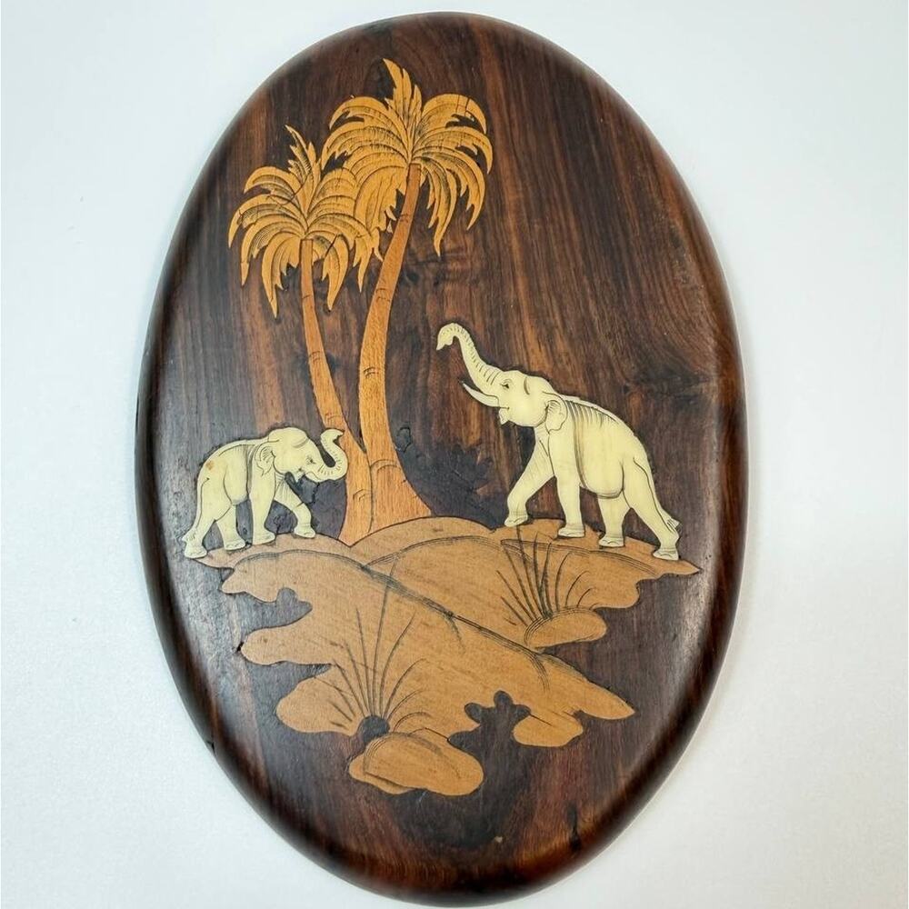 Wood Inlay Elephant Palm Trees Wall Plaque Handmade India Decor